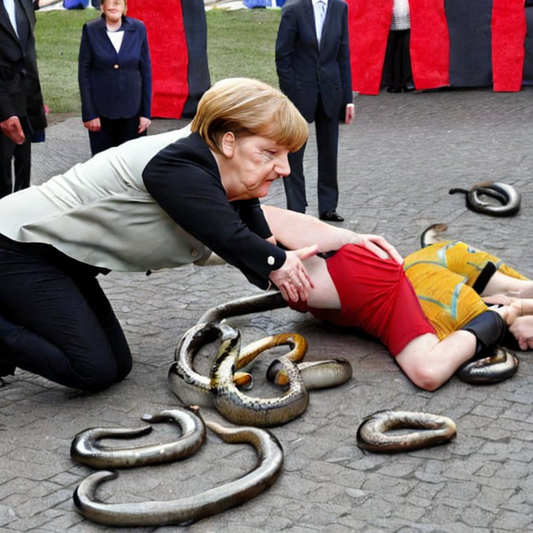 Angela Merkel on the ground with snakes
