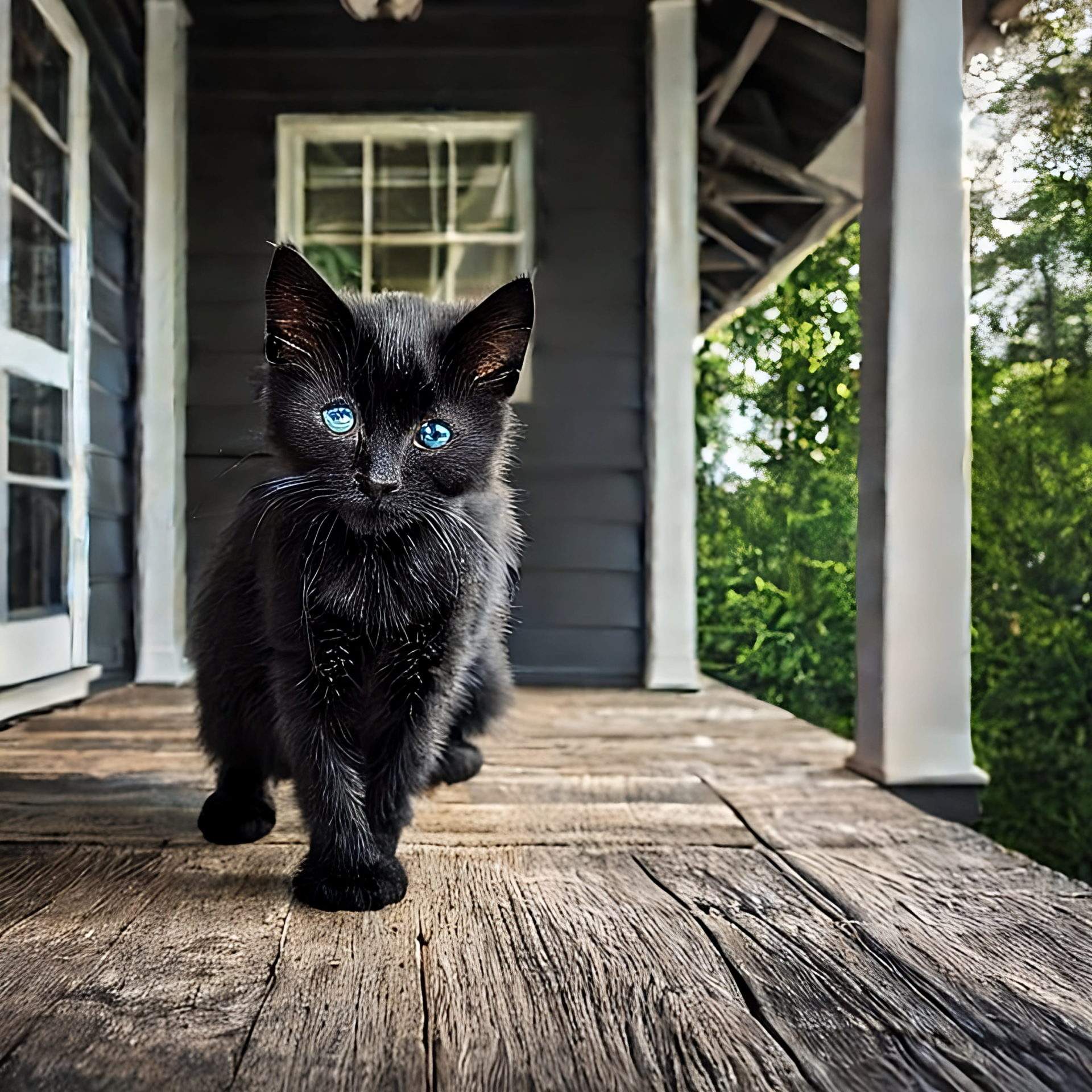 Black kitten on the porch