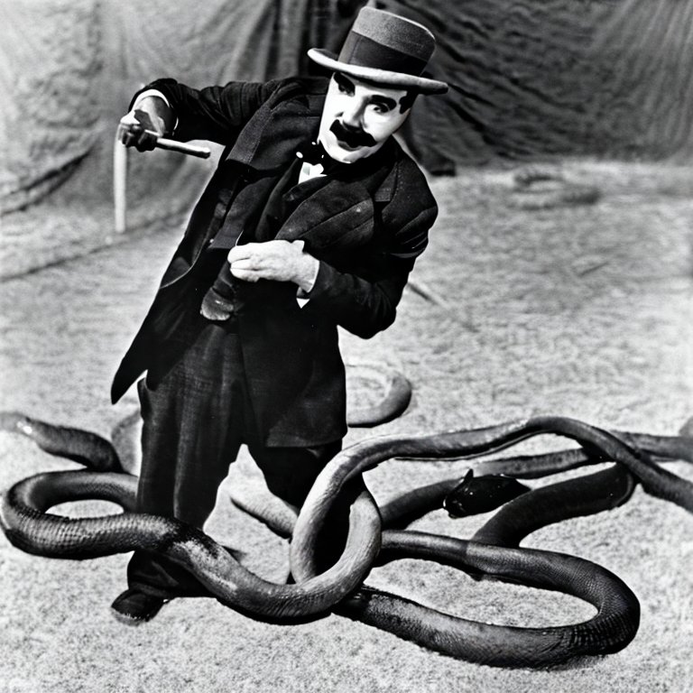 Charlie Chaptin with snakes