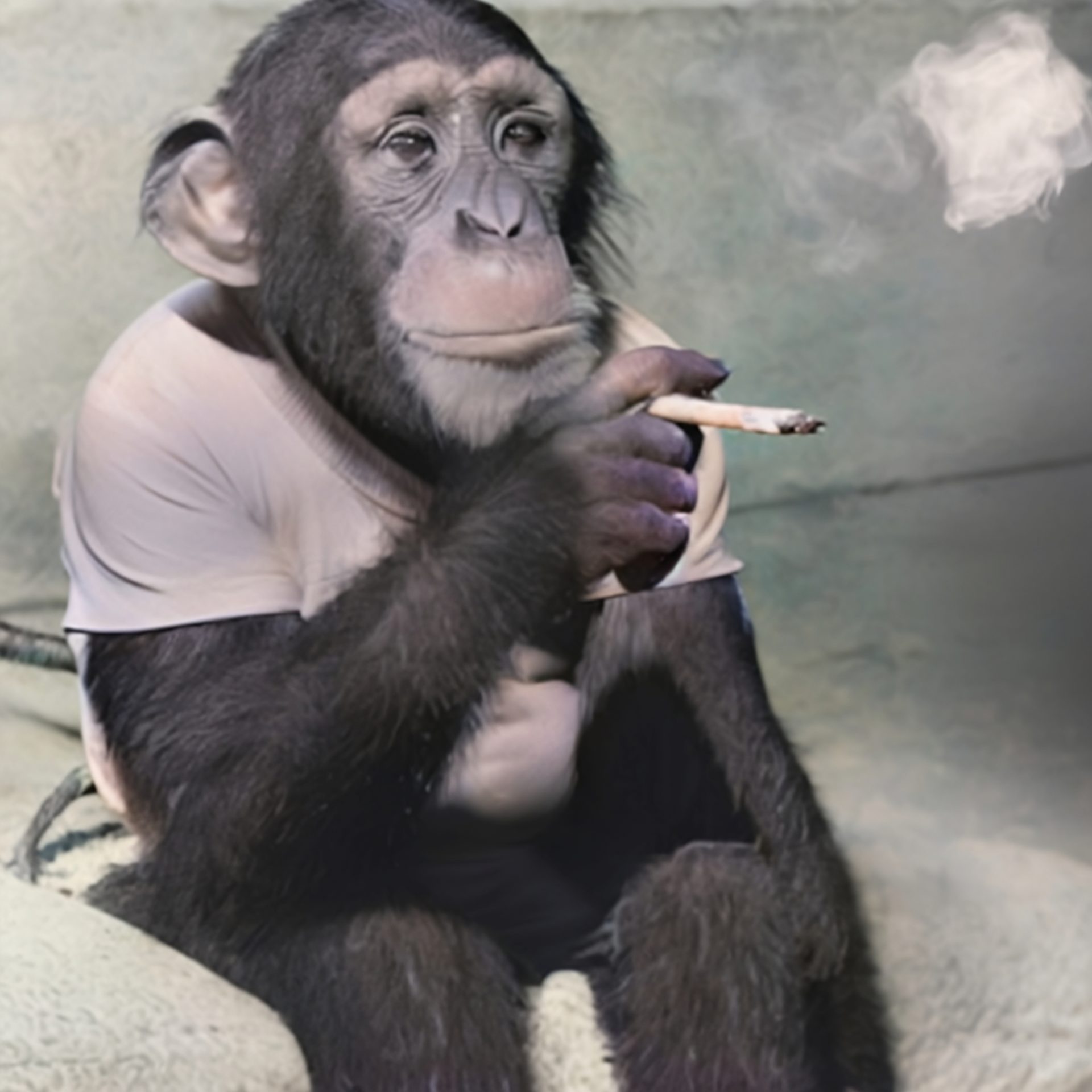 Chimp in t-shirt smoking a joint
