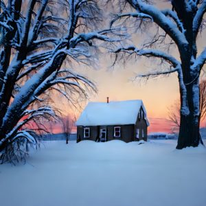 Desolate cabin covered in snow