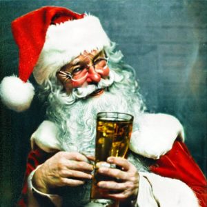 Drunk Santa Claus drinking a huge glass of whiskey