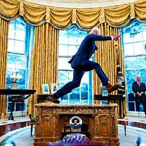 Joe Biden flies through the air in the Oval Office