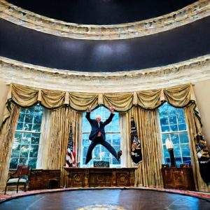 Joe Biden having a blast a the trampoline in the Oval Office