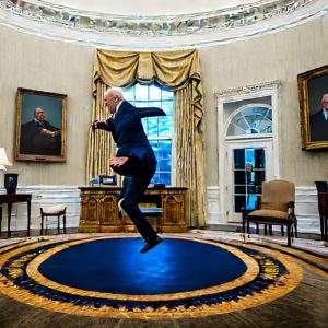 Joe Biden jump on a trampoline in the Oval Office
