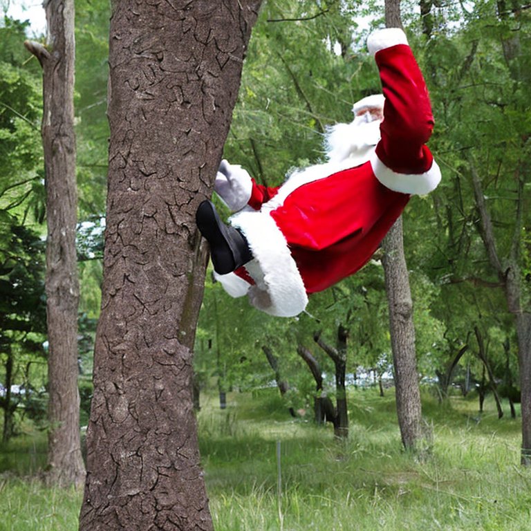 Santa Claus climbing a tree like a mon