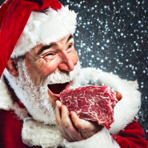 Santa Claus eating raw meat