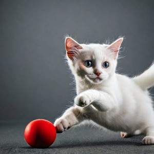 White cat and red ball